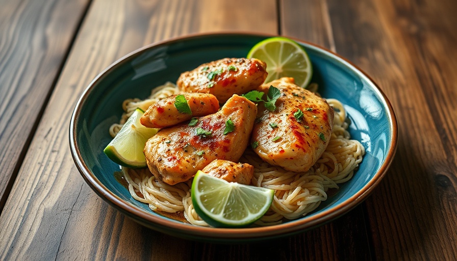 Vibrant One Pan Coconut Lime Chicken recipe on a blue plate.