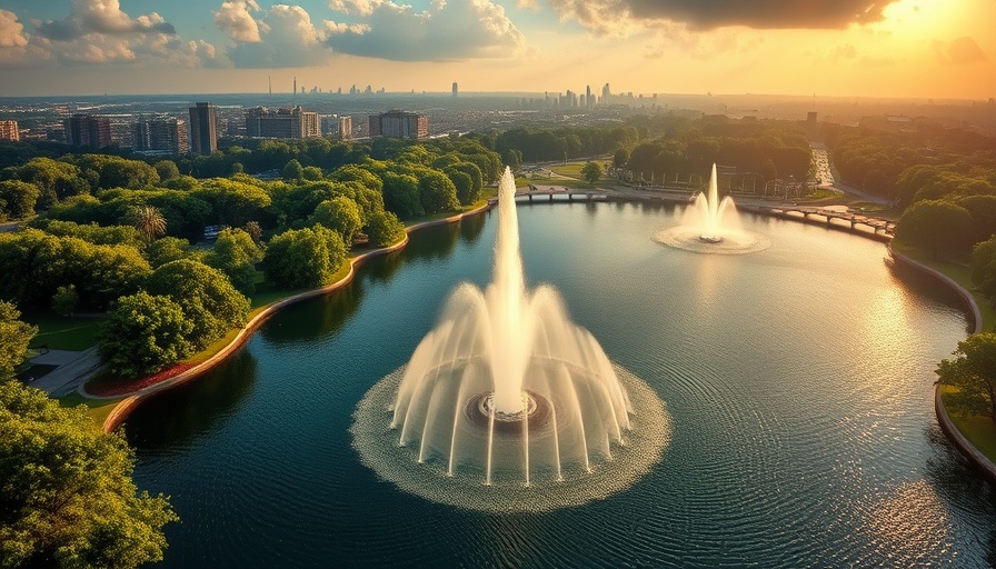 Scenic view of fountain and park in Houston for entertainment guide.