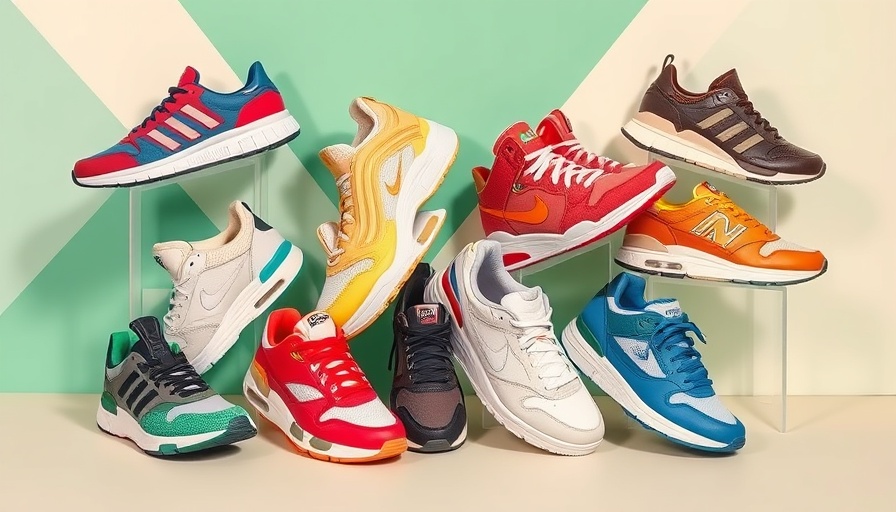 Colorful sneakers for every activity, displayed creatively against a geometric backdrop.