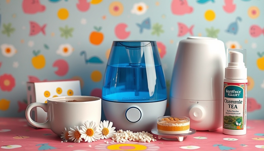 Colorful allergy relief products including chamomile tea, humidifier, and nasal spray on vibrant background.