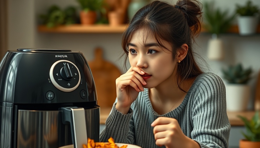 Woman pondering downsides of air fryers next to a large air fryer.