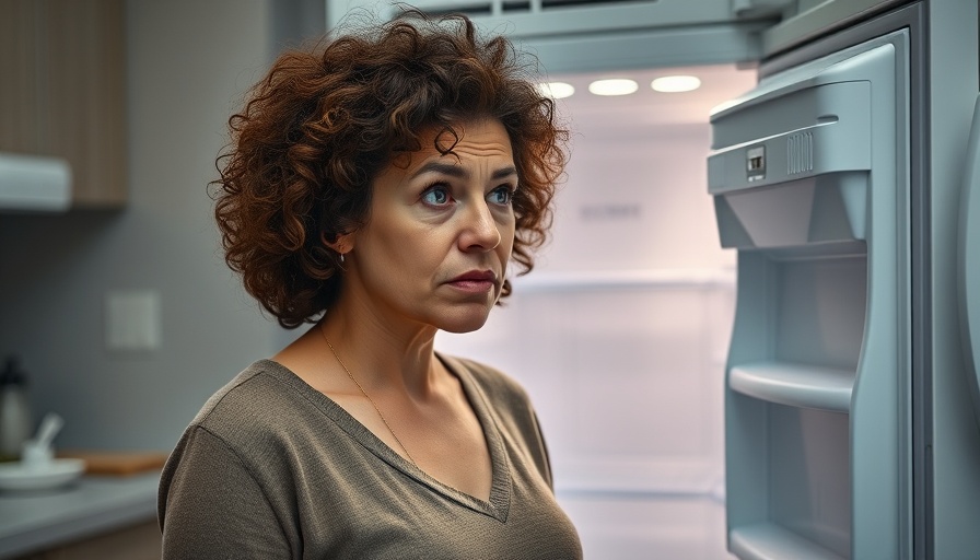Frustrated woman with frost buildup in freezer.