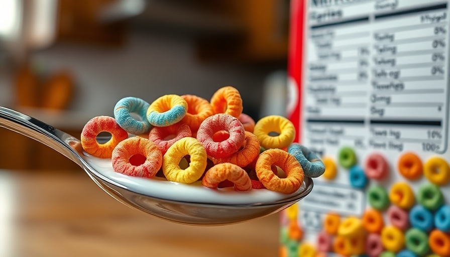 Close-up of sugar-loaded breakfast cereals with milk and nutrition facts.