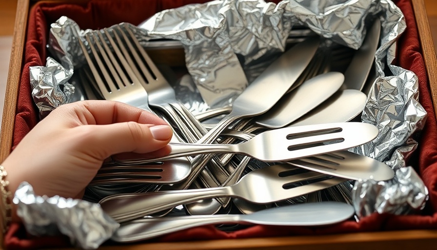 Hands with aluminum foil examining silverware for cleaning.