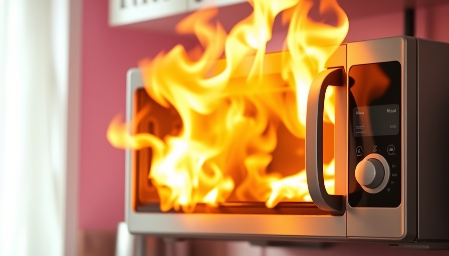 Burning microwave with flames and smoke in a kitchen setting, health and wellness.