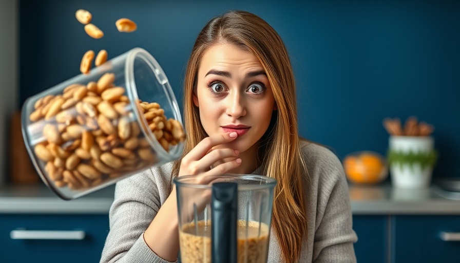 Surprised woman reacts to nuts being blended.