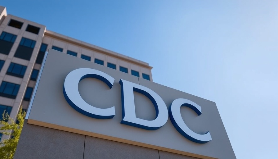 Bold CDC sign against bright sky, public health authority.