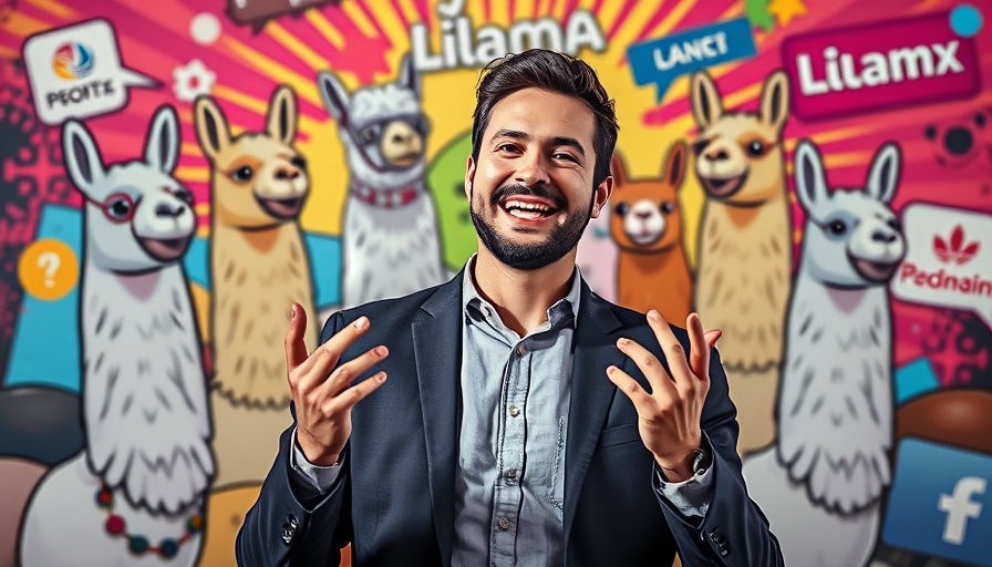 Meta AI Llama Funding concept: animated llamas and speaker with corporate logos.