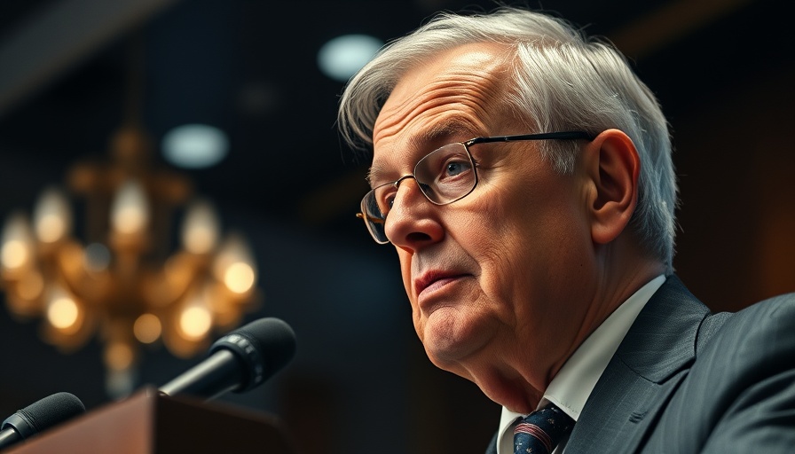 Older man with thoughtful expression speaking at podium indoors.