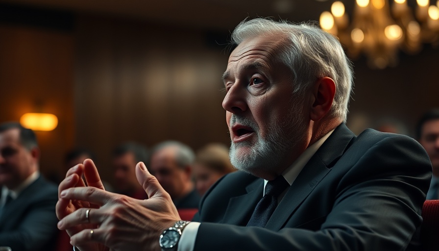 Elderly man in a suit speaking passionately in a dimly lit meeting.