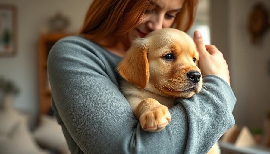 Woman embracing golden retriever puppy, stress relief.