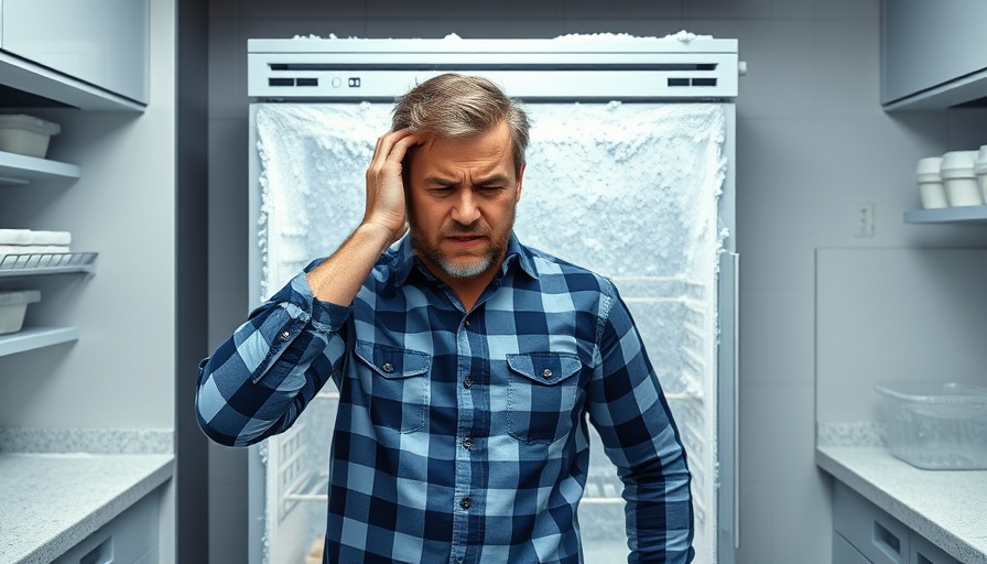 Frustrated man figuring out how to prevent frost buildup in freezer.