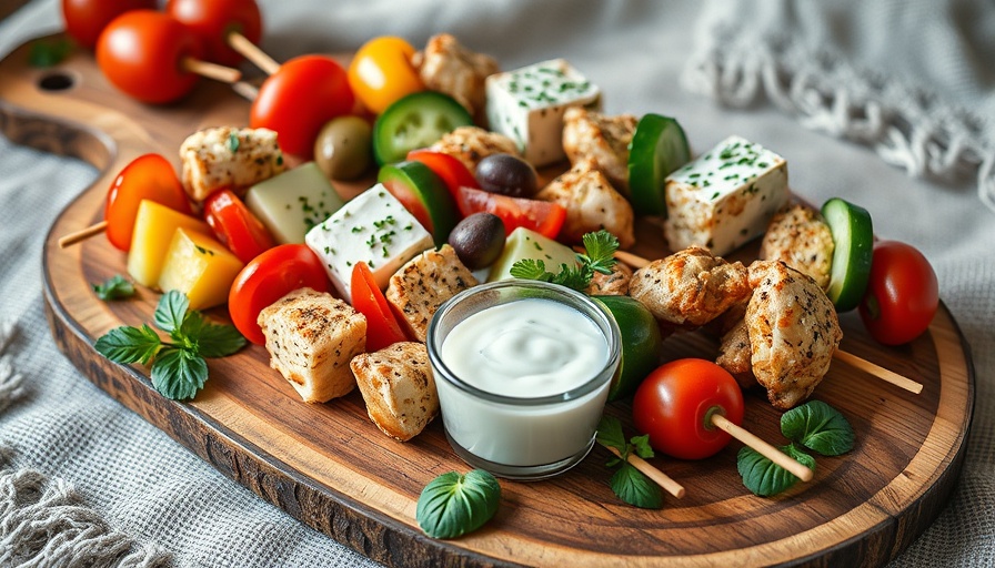 Vibrant Mediterranean skewer platter with dip on wooden board.