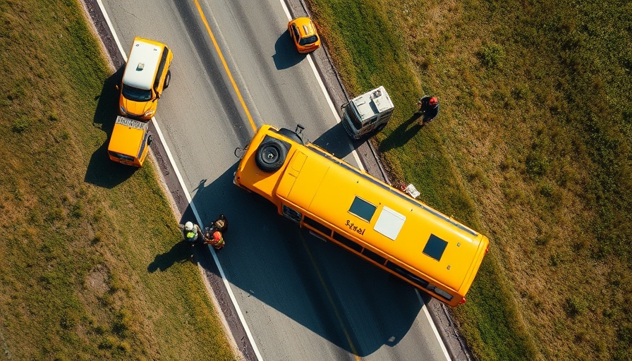 Aerial scene of school bus accident on US highway, emergency response.
