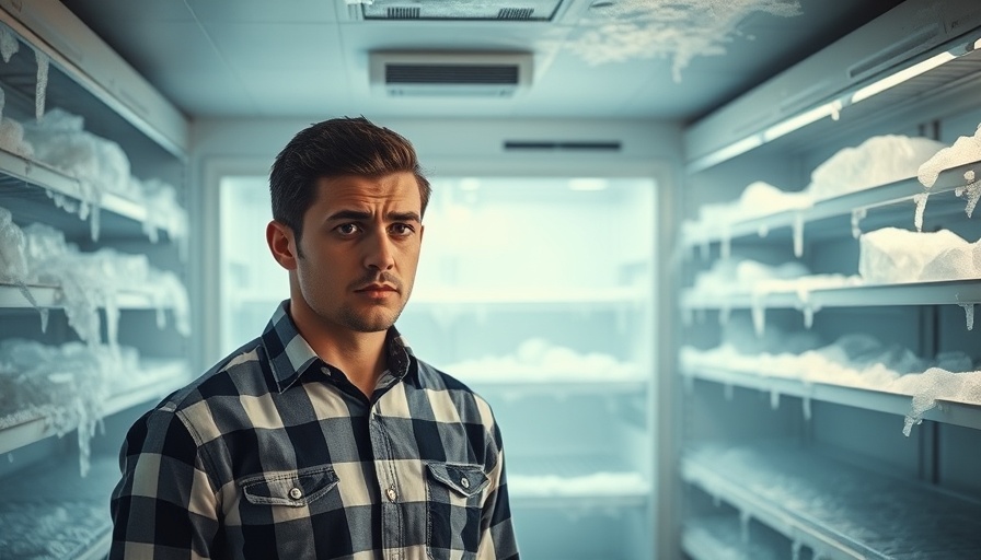 Young man frustrated by ice and frost in freezer, interior view.
