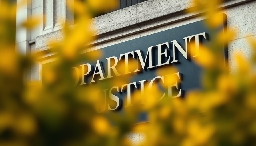 Close-up of Department of Justice sign with blurred plants.