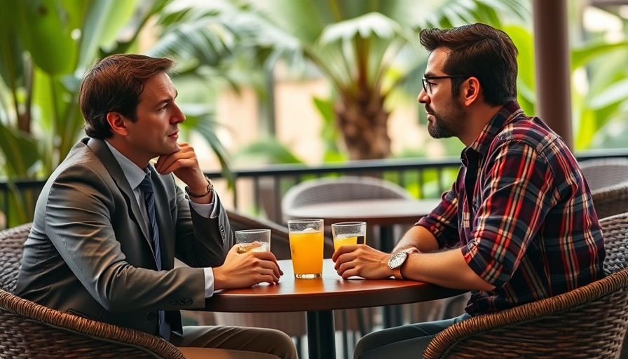 Political photo controversy with two men in discussion at café.