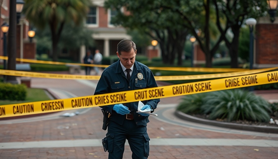 Crime scene at Florida State University with investigator examining evidence.