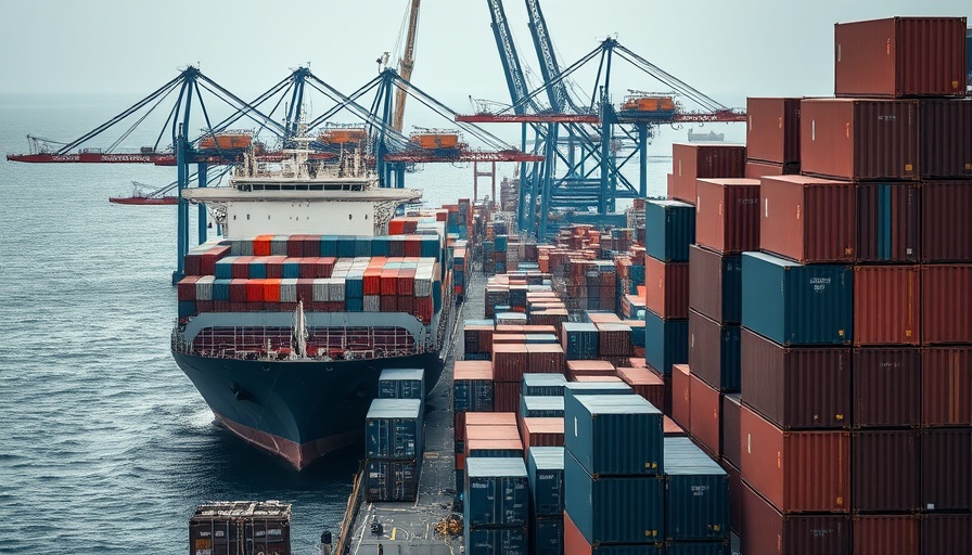 Shipping port with bustling activity of containers and docked cargo ship.