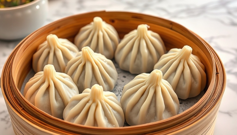 Luscious Dumplings San Antonio in bamboo steamer on marble counter.