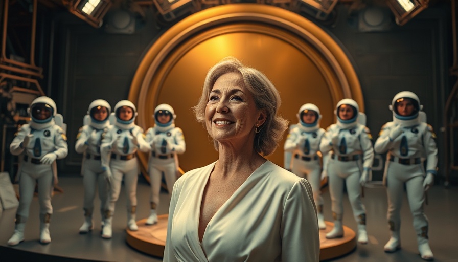 Martha Stewart elegantly poses; women in space suits beside her.