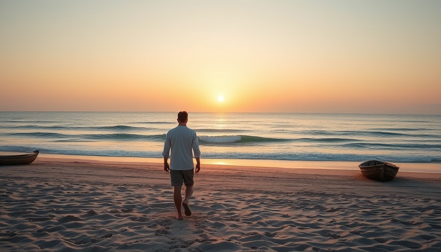Serene beach with boats and person at sunset, illustrating clean water.