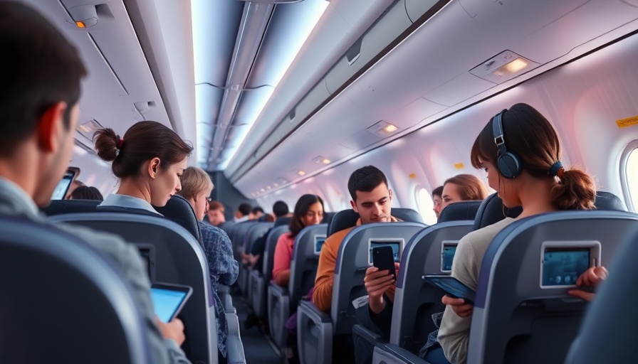 Passengers in airplane using free in-flight Wi-Fi, comfortable cabin.