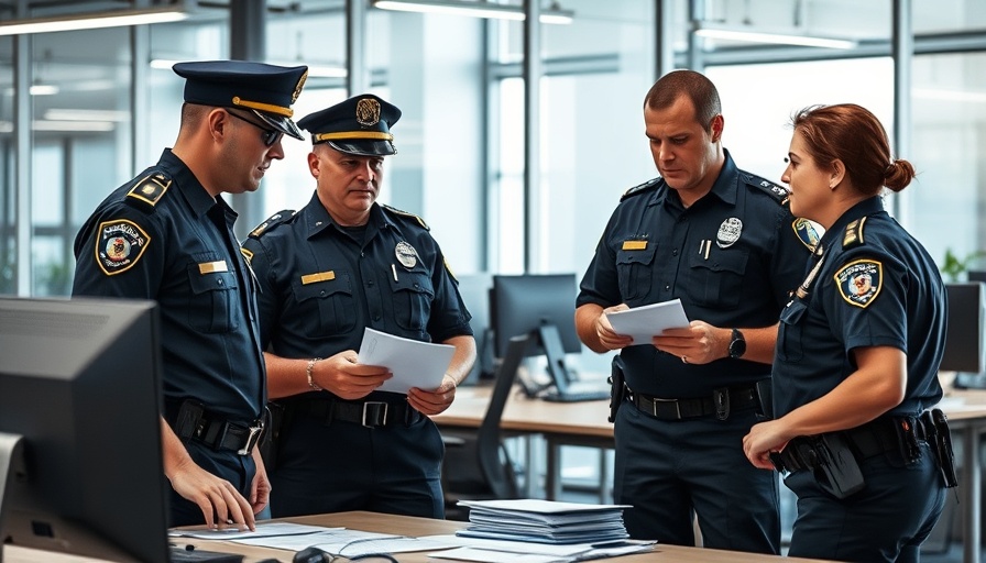 Law enforcement officers discussing strategies in an office.