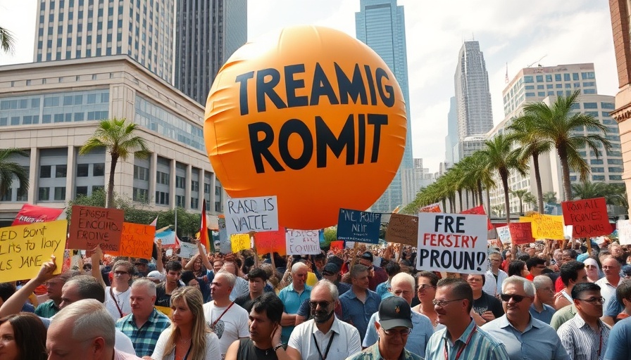 Anti-Trump rallies with satirical balloon and protest signs.