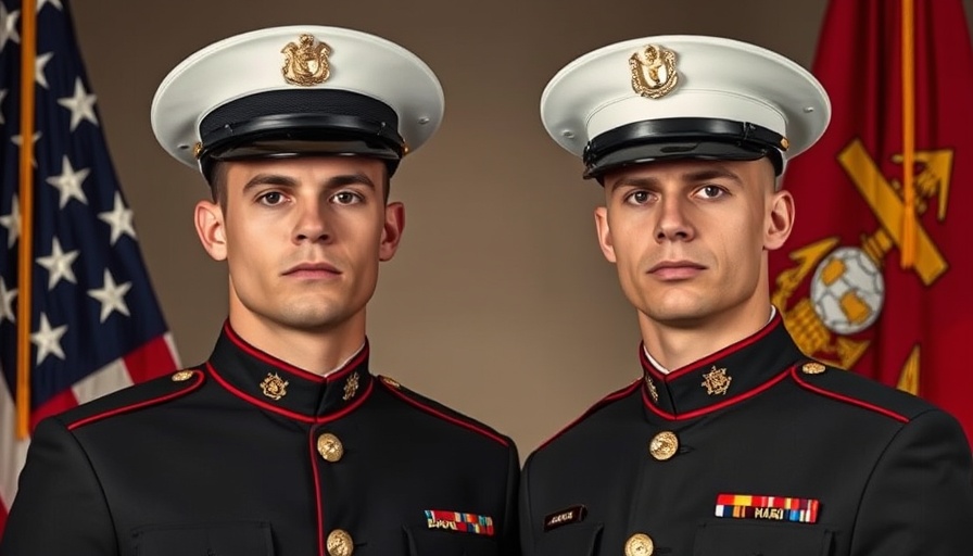 Camp Pendleton Marines in dress uniform, serious expressions.