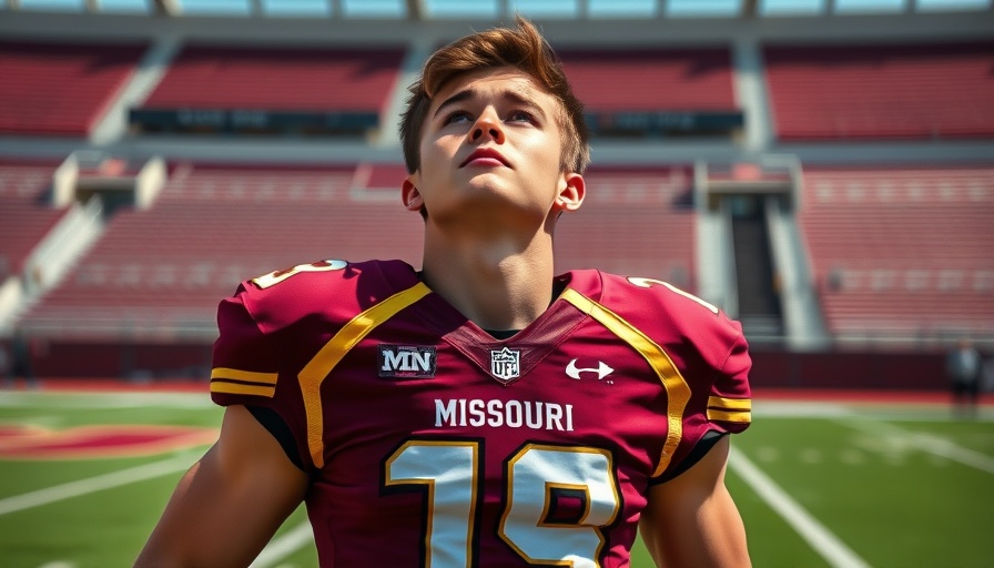 Missouri State football player posing on a maroon turf field.