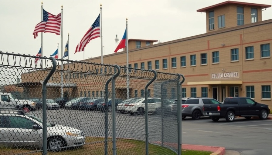Detention center exterior with barbed wire fence and vehicles, related to Trump Administration Deportation Efforts.