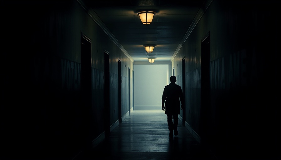 Dimly lit hallway with silhouette, conveying mystery and tension.