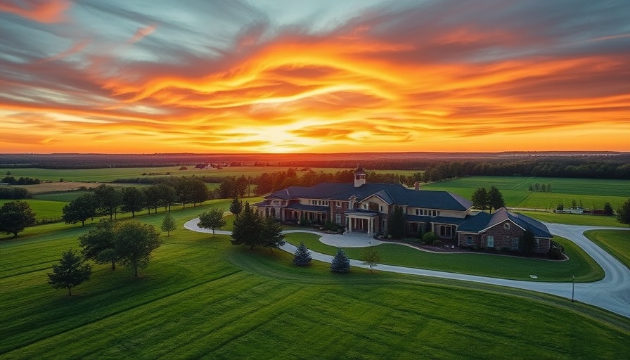 Luxury ranch-style estate surrounded by lush fields at sunset