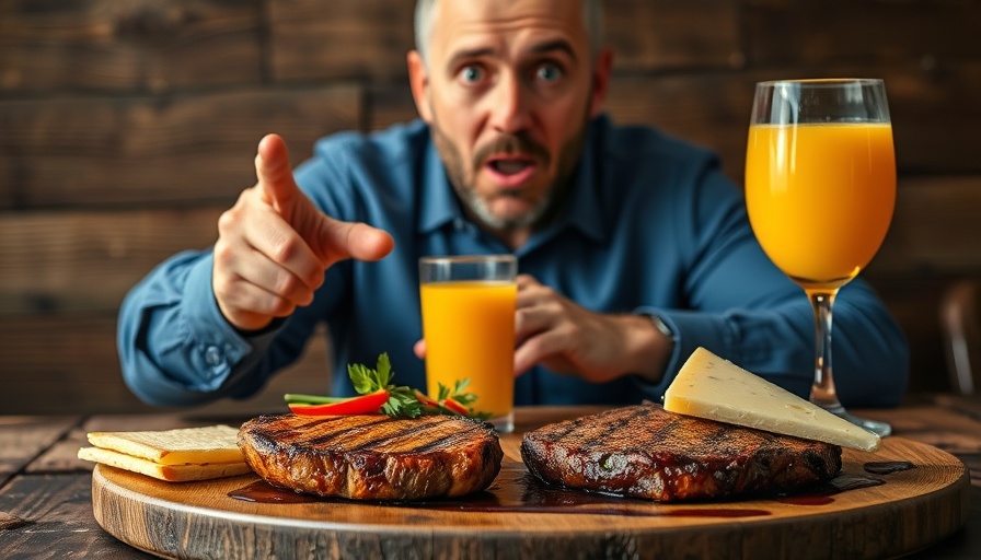 Dr. Berg's best health tips with steak, cheese, orange juice.