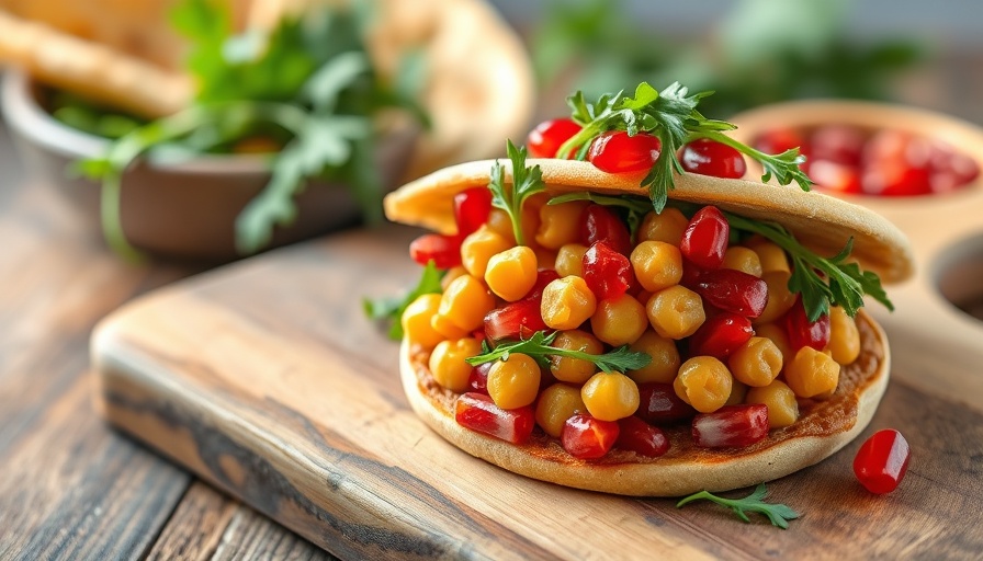 Appetizing chickpea flatbread sandwich with vibrant toppings.