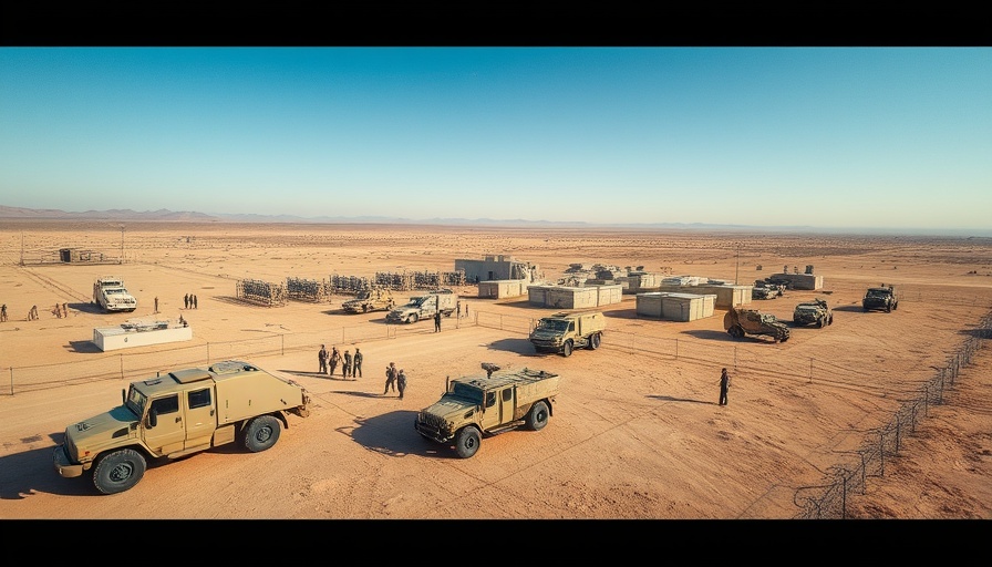 US Army base near the Mexico border with military vehicles and desert landscape.