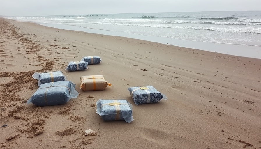 Cocaine packages washed up on coastlines with gentle waves.