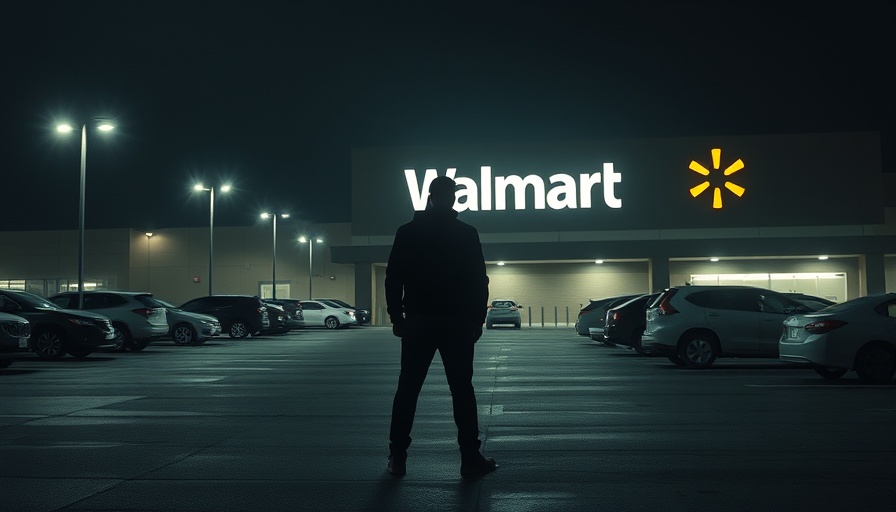 Walmart parking lot at night with shadowy figure, tense scene.