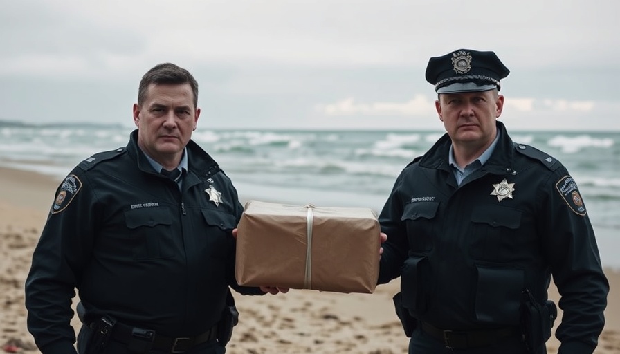 Police officers with package on beach, cocaine packages wash ashore.