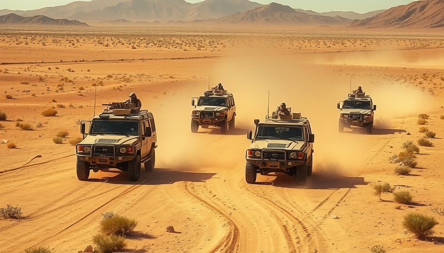 US Army vehicles patrol desert border, controlling land.