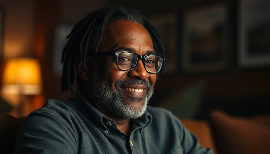 Older man with dreadlocks and beret, smiling softly in dim lighting.