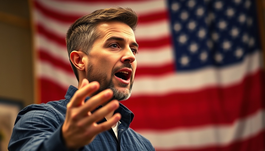 Young man speaking passionately in front of American flag, Hogg donation to DCCC.