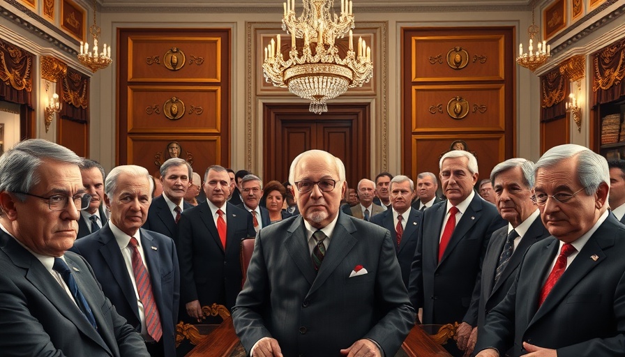 Dignitaries in a formal meeting room, serious expressions, discussion setting.