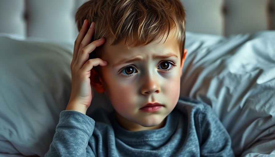 Child concussion awareness: young boy holding head in concern.