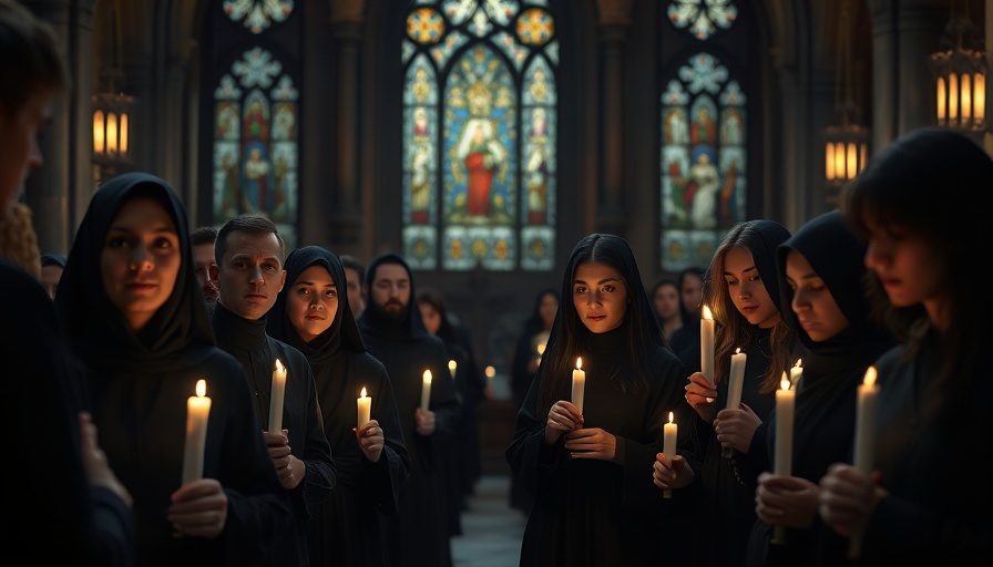 Somber gathering mourning in church, soft ambient lighting.