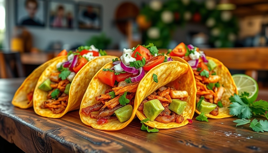 Best tacos in Dallas with colorful toppings on wooden table.