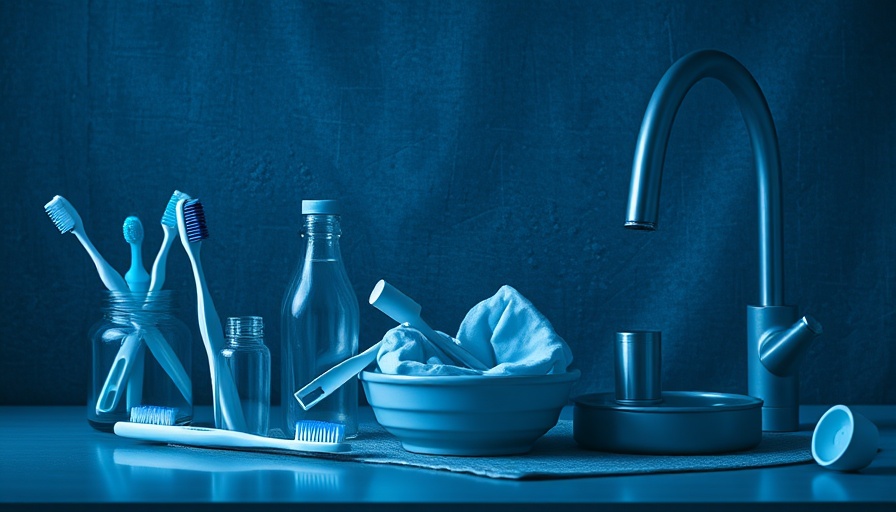 Artistic depiction of cleaning tools in blue monochrome, including sofa and toothbrushes for cleaning hidden areas in your home.