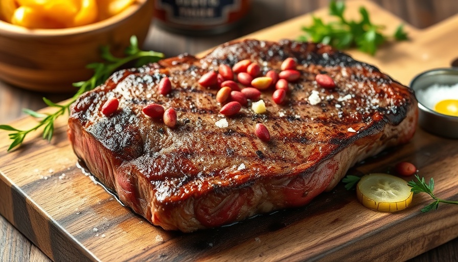 Juicy steak on wooden board with spices and sides, gourmet dining