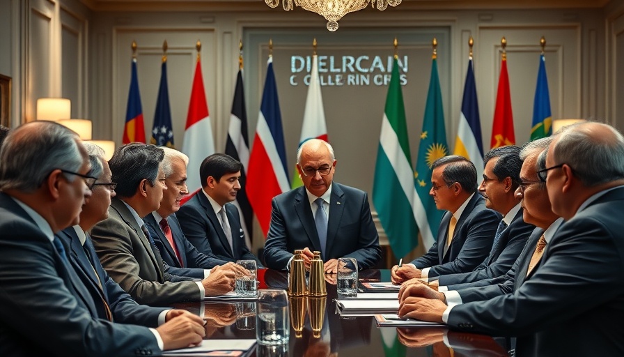 Diplomats discussing US international relations at a global summit.